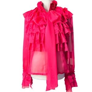 Item #A125 FOR HER NYC  Barbiecore Hot Pink Ruffle Organza Romantic Blouse NWT M